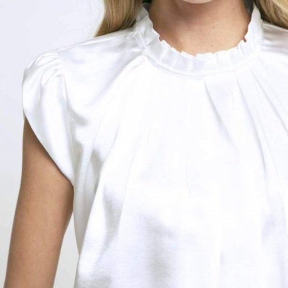 Eva Franco White Annik Satin Blouse Pleated Neckline High Neck Size Medium - Picture 5 of 13